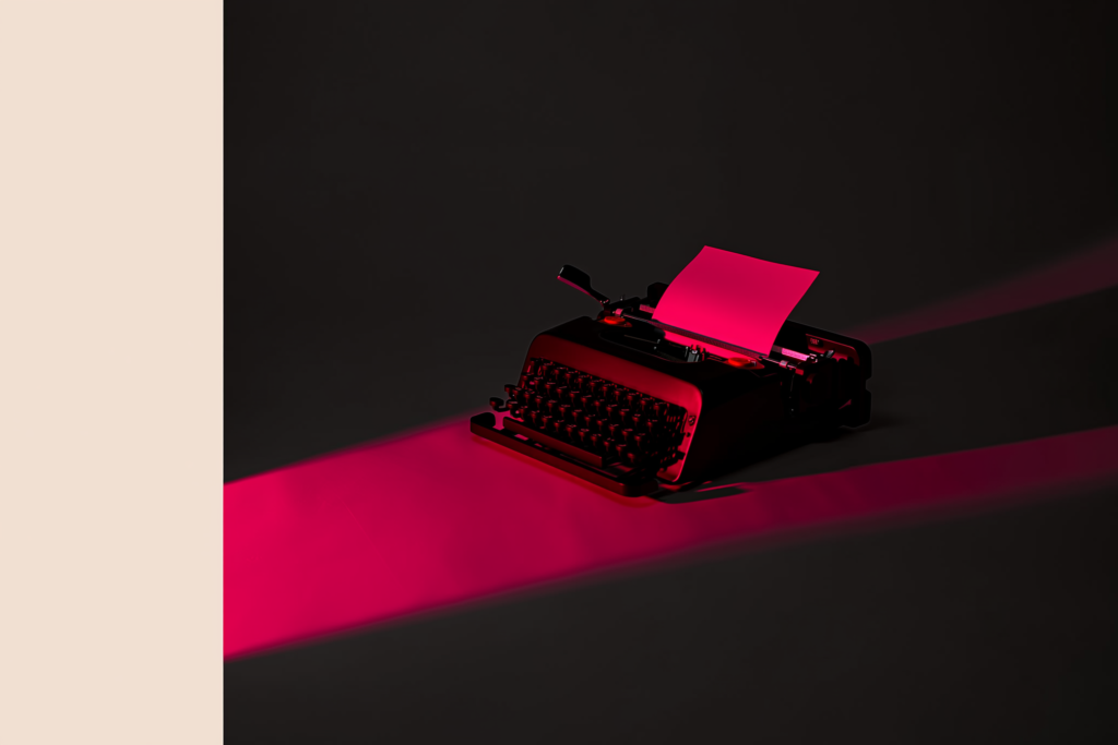 A typewriter on a dark desk lit by a coral beam — a brand finding its voice.