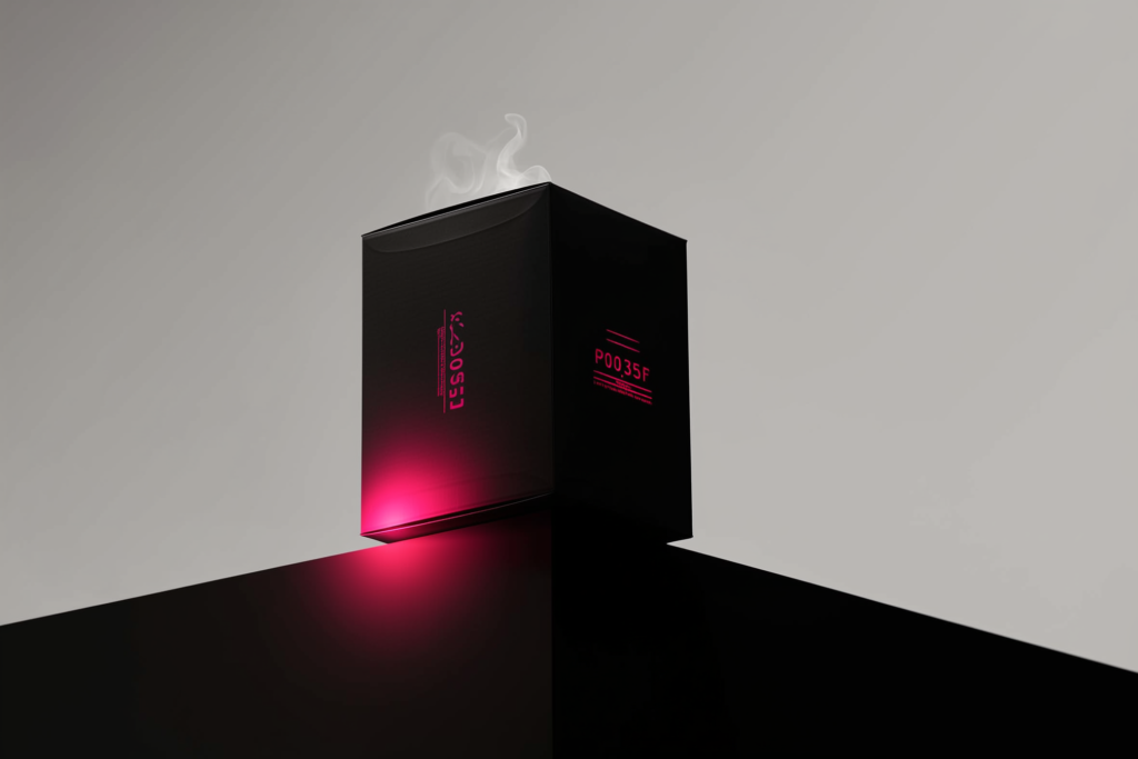 A delivery box on a dark surface with steam catching a coral glow.