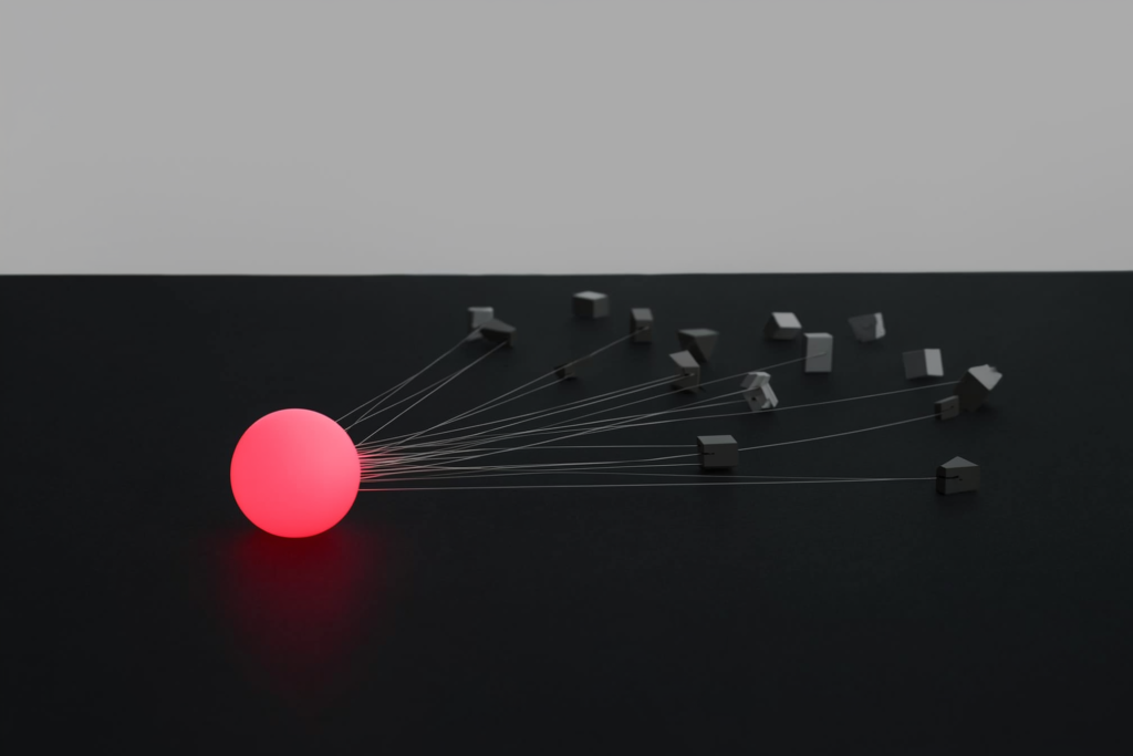 One glowing coral sphere branching into many shapes on a dark surface.