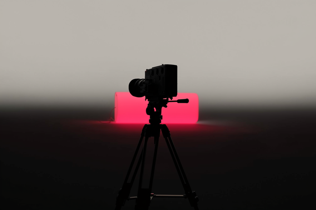 A cinema camera silhouetted with a coral light behind it on a dark set.