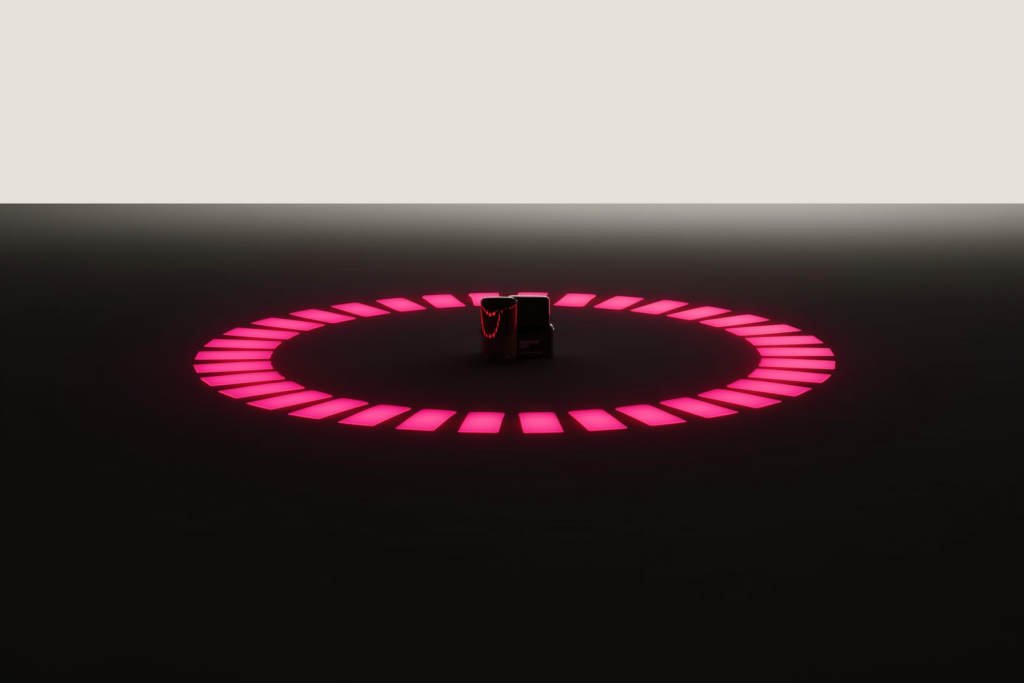 A coral loop of light circling a product silhouette on a dark surface.