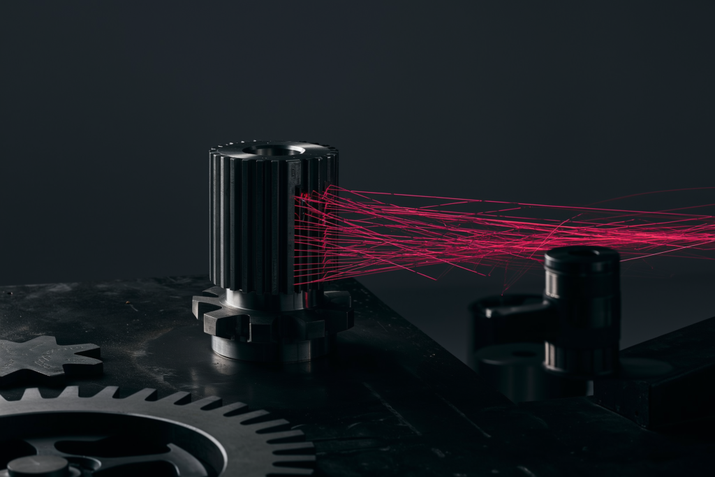 A machined gear on a dark surface with a coral network of light radiating out.