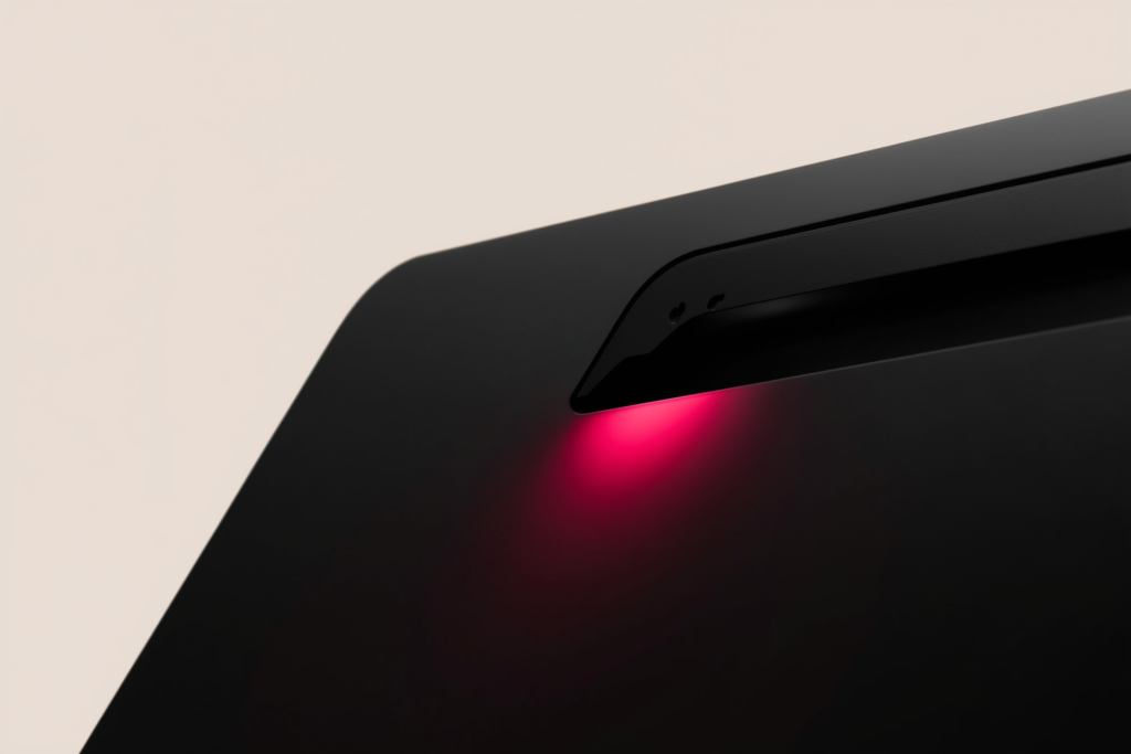 An elegant resort detail on a dark surface with a warm coral accent glow.