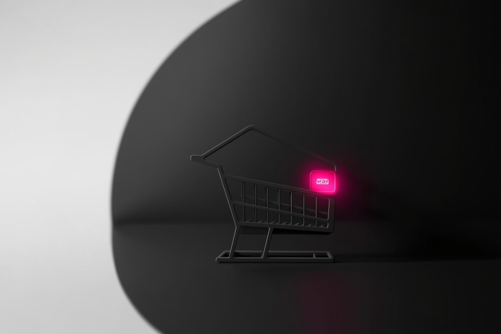 A glowing cart outline with a coral checkout button on a dark surface.