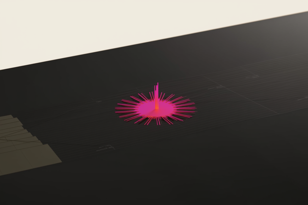 An abstract analytics dashboard with one coral metric spiking on a dark surface.