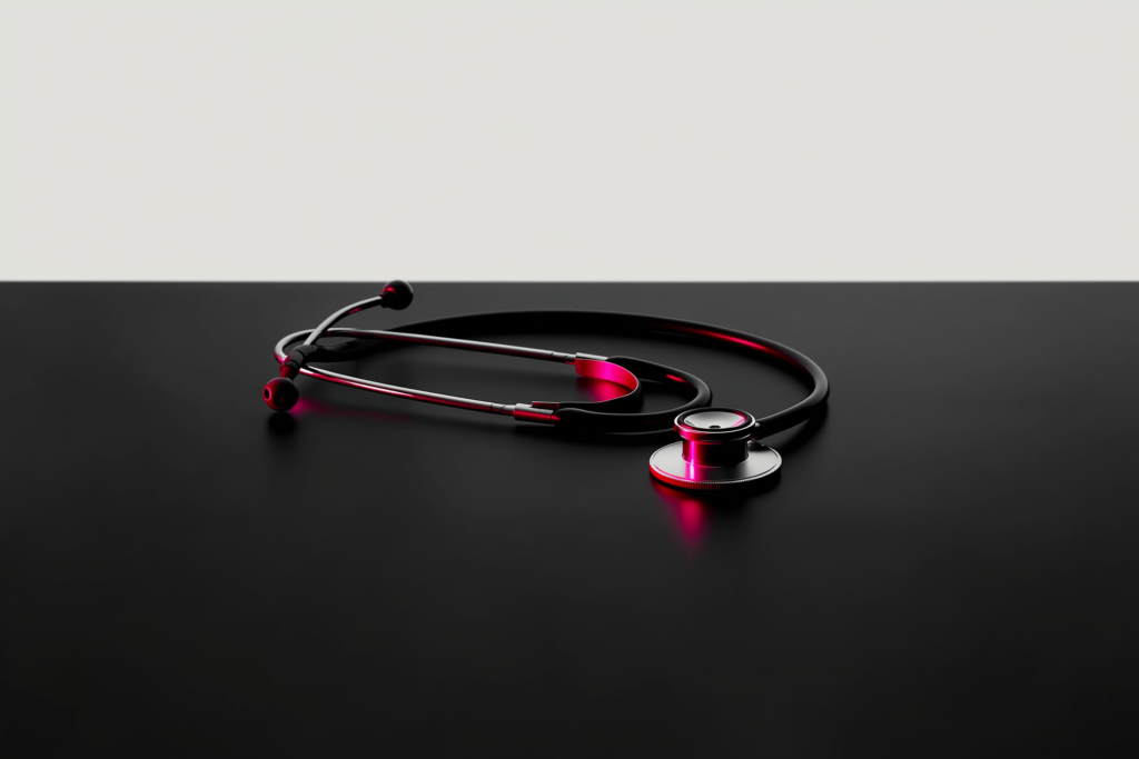 A stethoscope on a dark surface with a calm coral accent glow.