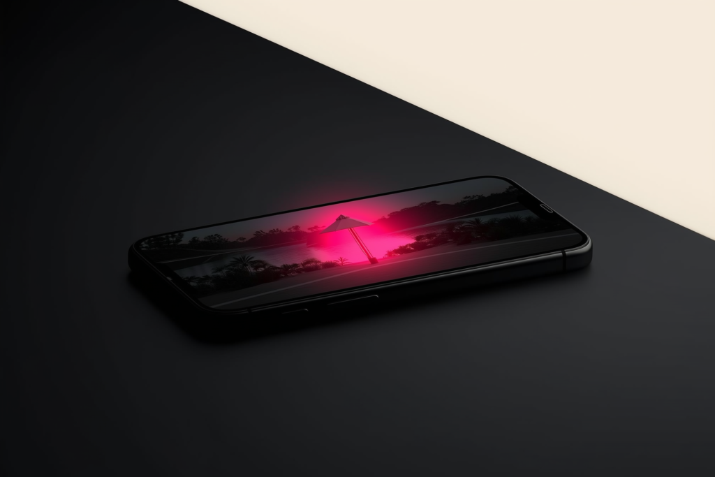 A phone glowing with a coral heart of light over a resort scene on a dark surface.