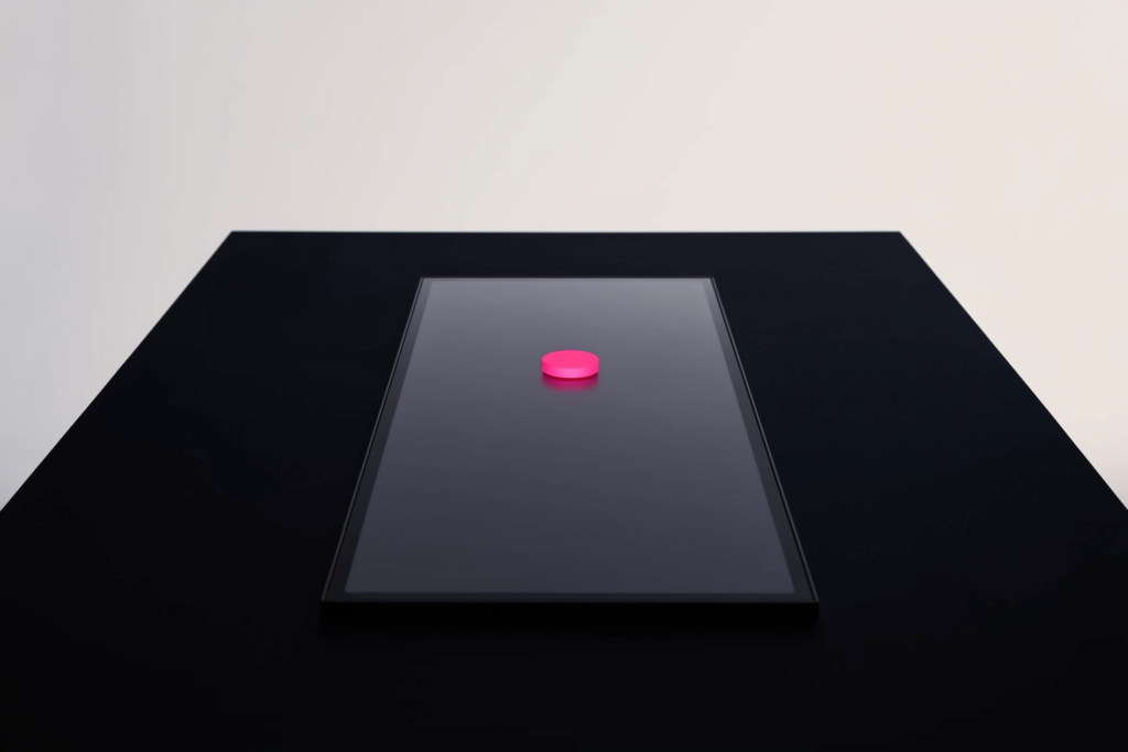 An abstract screen with a glowing coral call-to-action button on a dark surface.