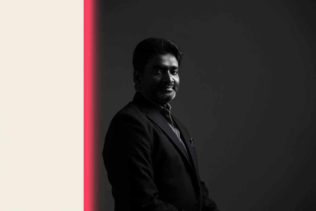 A confident Indian founder lit by a coral edge light in a dark office.