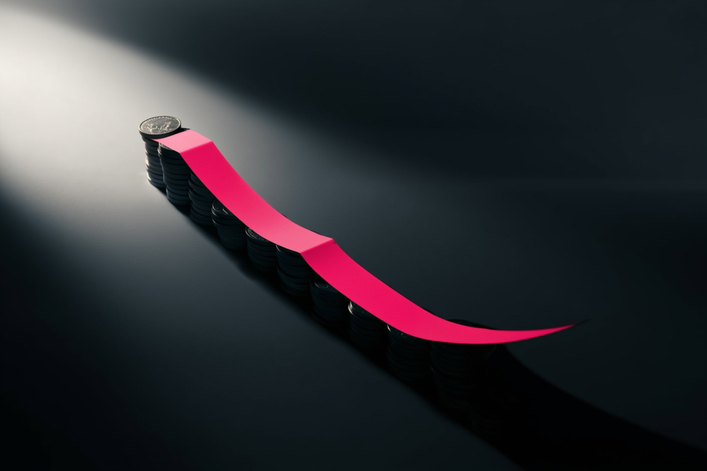 A descending coin stack with a rising coral arrow of light on a dark surface.