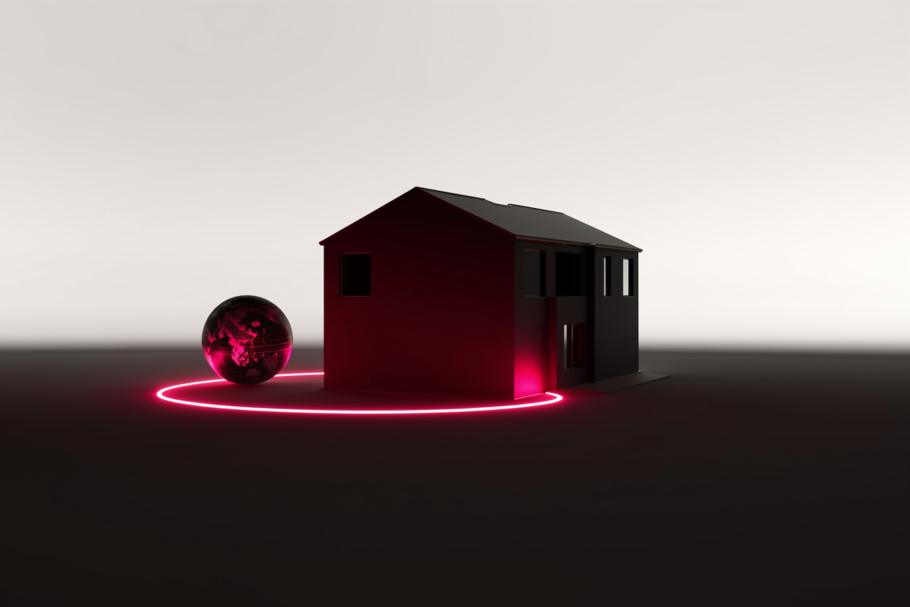 A model house and a glowing globe joined by a coral arc of light.