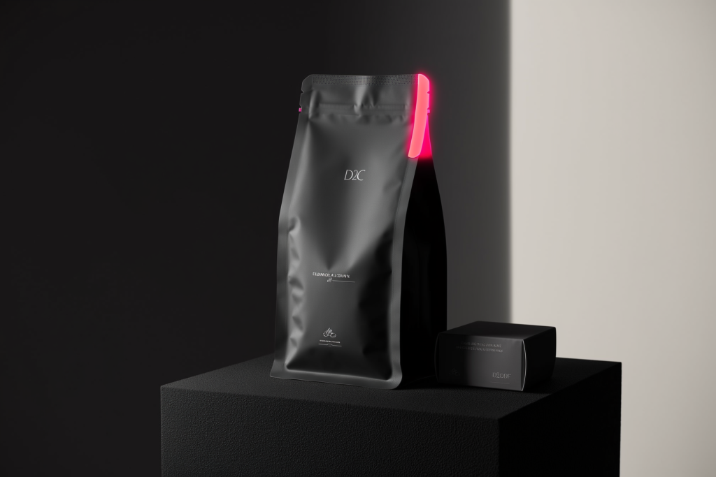 Minimalist D2C coffee packaging on a dark surface with a coral rim light.