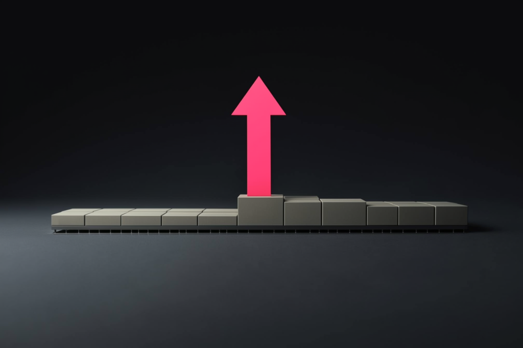 A coral arrow rising over muted bars on a dark surface.
