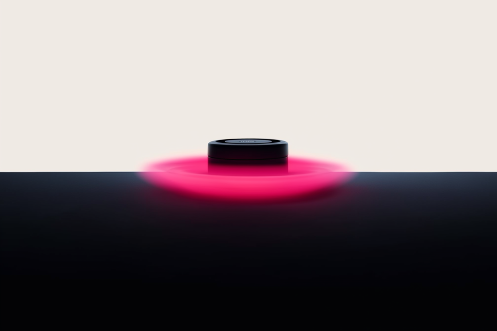 A product inside a coral ring of motion-blur light on a dark surface.