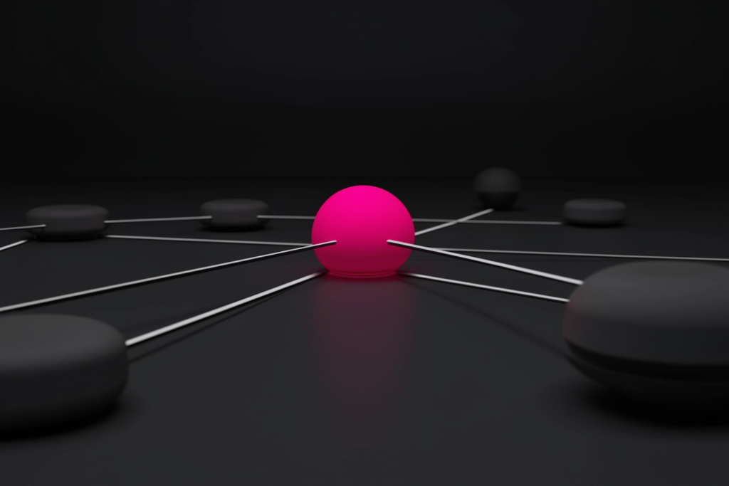 A coral central node linked to muted nodes on a dark surface.