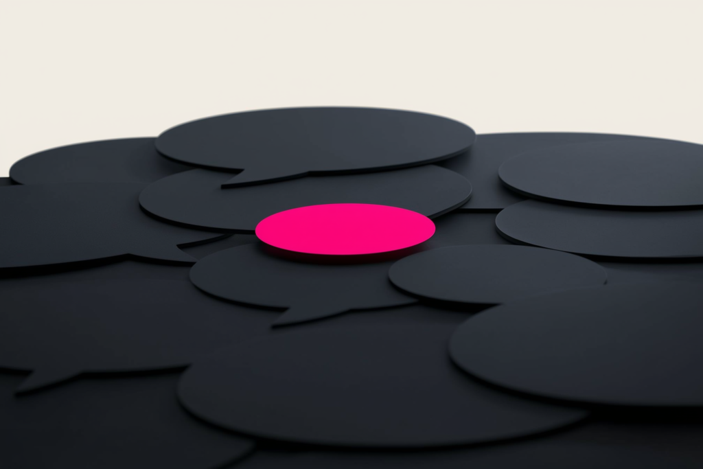 Speech bubbles on a dark surface with one glowing coral bubble rising.