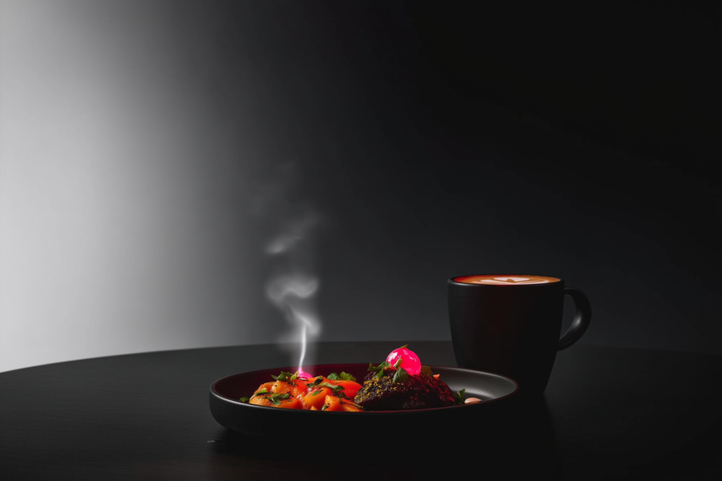 A plated dish on a dark café table with a coral accent glow and rising steam.