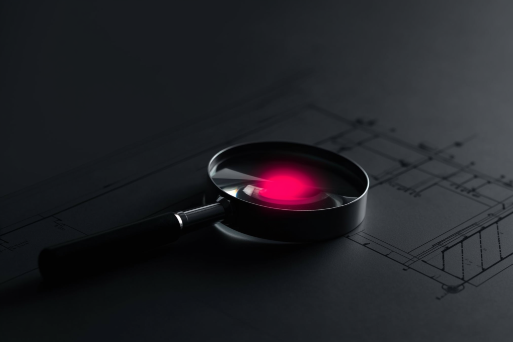 A magnifying glass over blueprint lines with a coral focal glow on a dark surface.