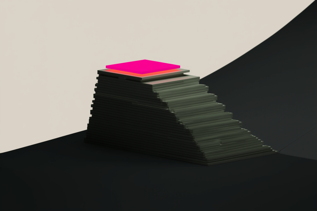 A compounding stack of tiles topped by a coral tile on a dark surface.