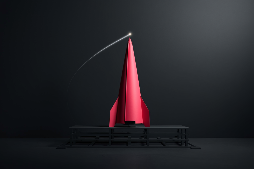 A coral upward dart of light launching from a dark grid.