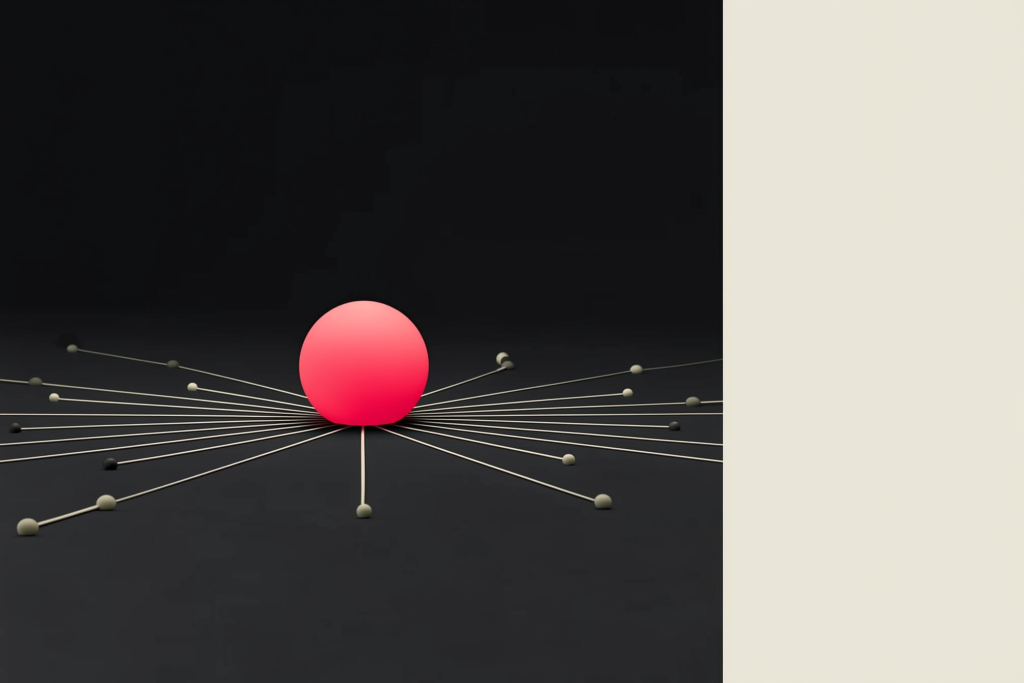 A coral sphere radiating spokes of light to points all around on a dark surface.