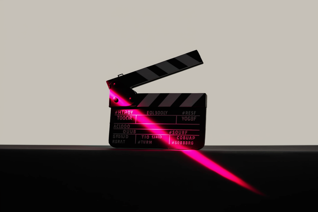 A clapperboard and studio light glowing coral on a dark surface.
