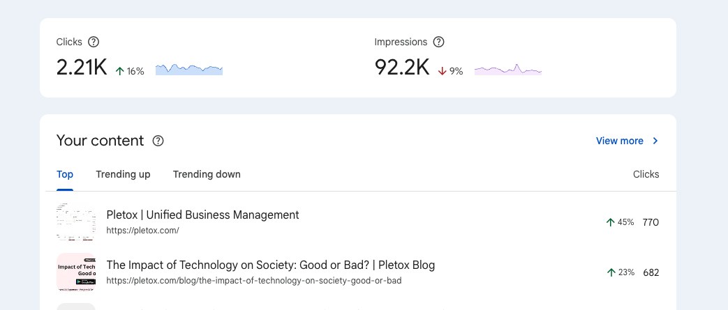 Pletox top-performing pages in Google Search Console by clicks and impressions