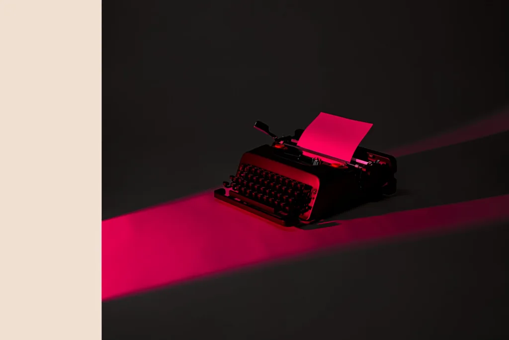 A typewriter on a dark desk lit by a coral beam — a brand finding its voice.