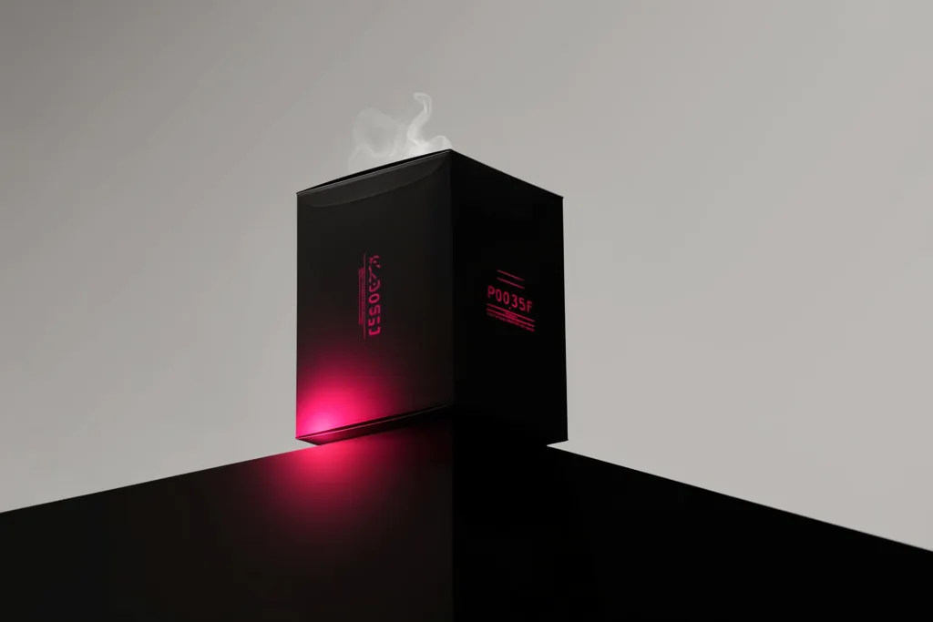 A delivery box on a dark surface with steam catching a coral glow.