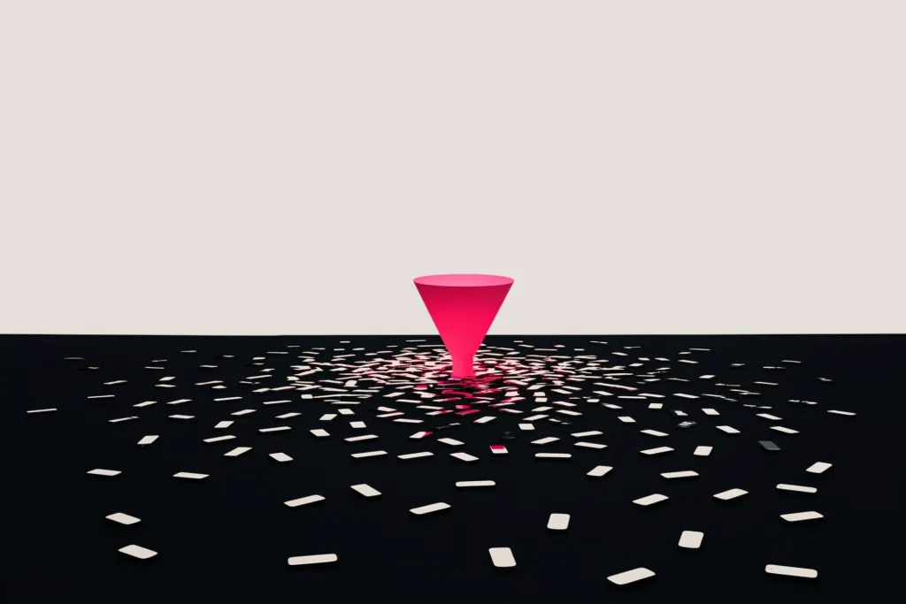 Many phone shapes feeding into one coral funnel of light on a dark surface.