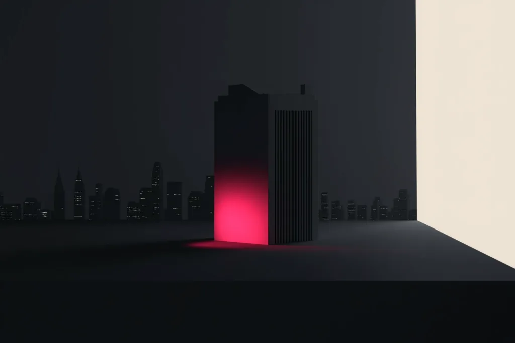 A model building on a dark surface lit by a coral spotlight.