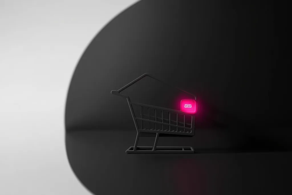 A glowing cart outline with a coral checkout button on a dark surface.