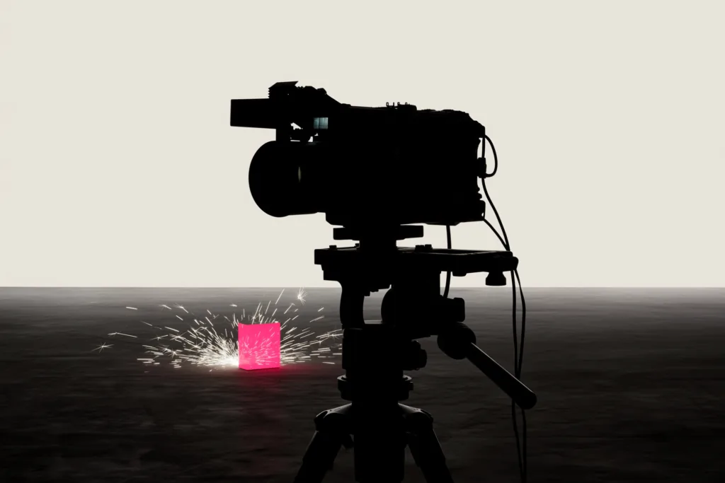 A camera silhouette on a dark factory floor with a coral light behind.