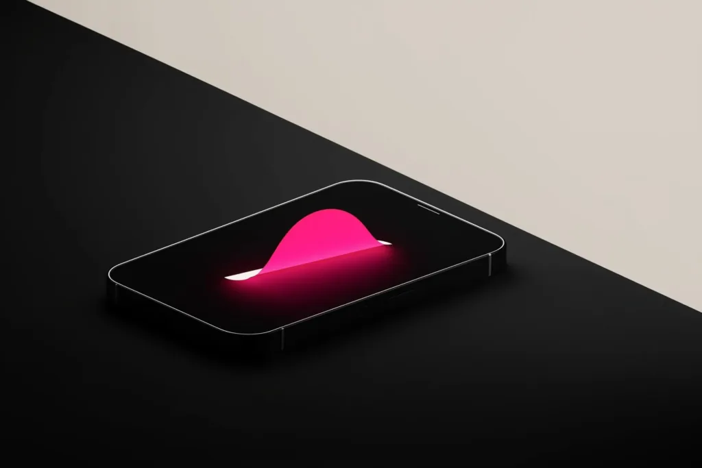 A phone outline with a coral retention curve glowing inside on a dark surface.