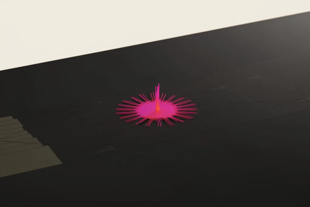 An abstract analytics dashboard with one coral metric spiking on a dark surface.