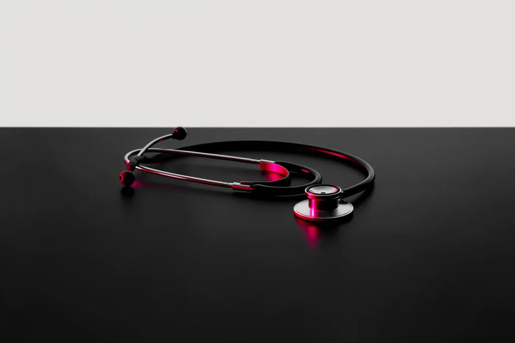 A stethoscope on a dark surface with a calm coral accent glow.