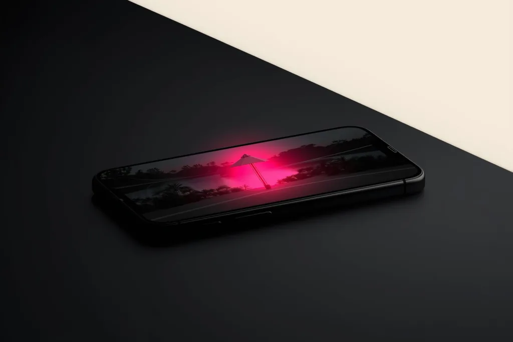 A phone glowing with a coral heart of light over a resort scene on a dark surface.