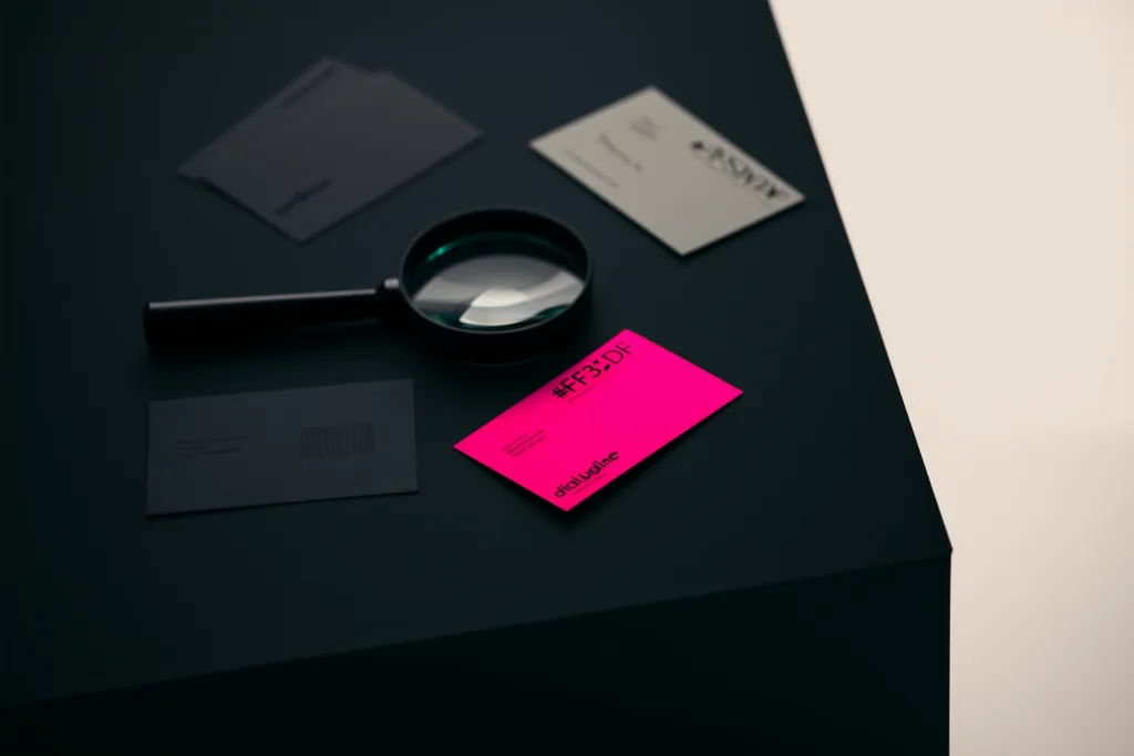 A magnifying glass over business cards, one glowing coral, on a dark surface.