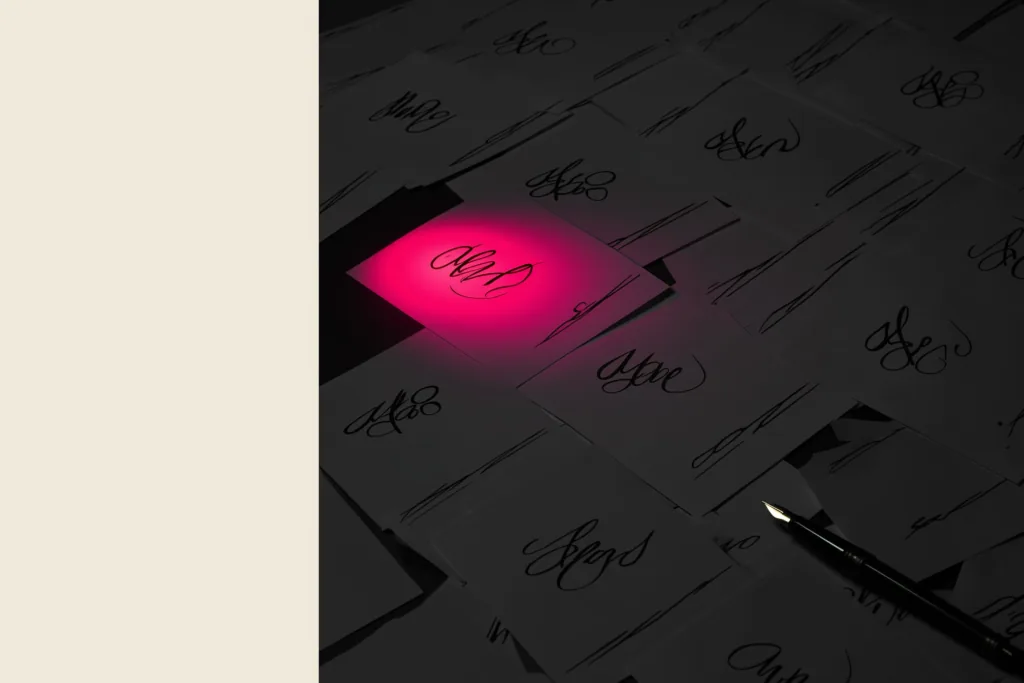 Hand-lettered brand-name cards on a dark desk, one lit by a coral spotlight.