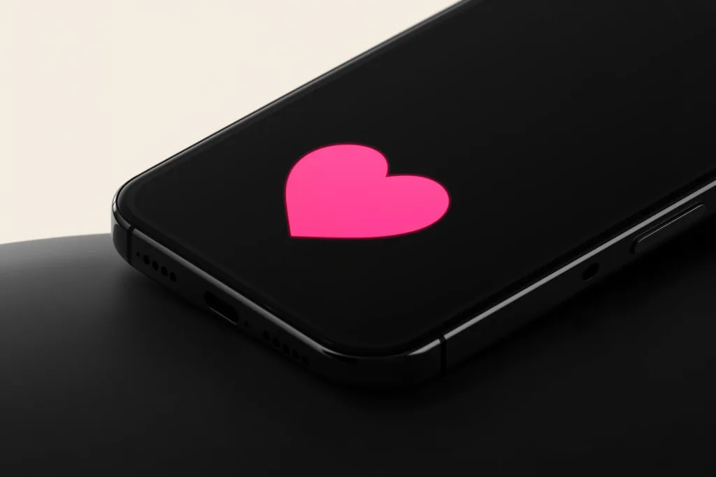 A phone glowing with a coral save-icon of light on a dark surface.