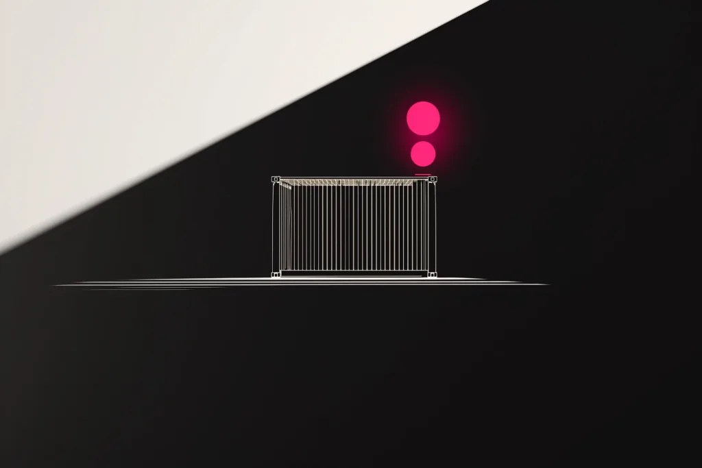 A container outline with coral enquiry pings rising on a dark surface.