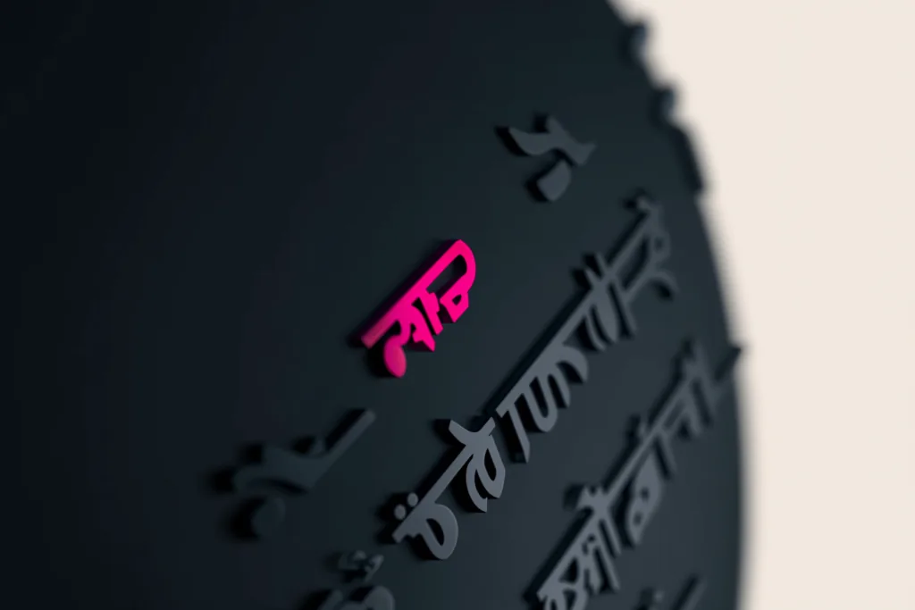 Layered multilingual glyphs with one glowing coral Devanagari-like character in focus.