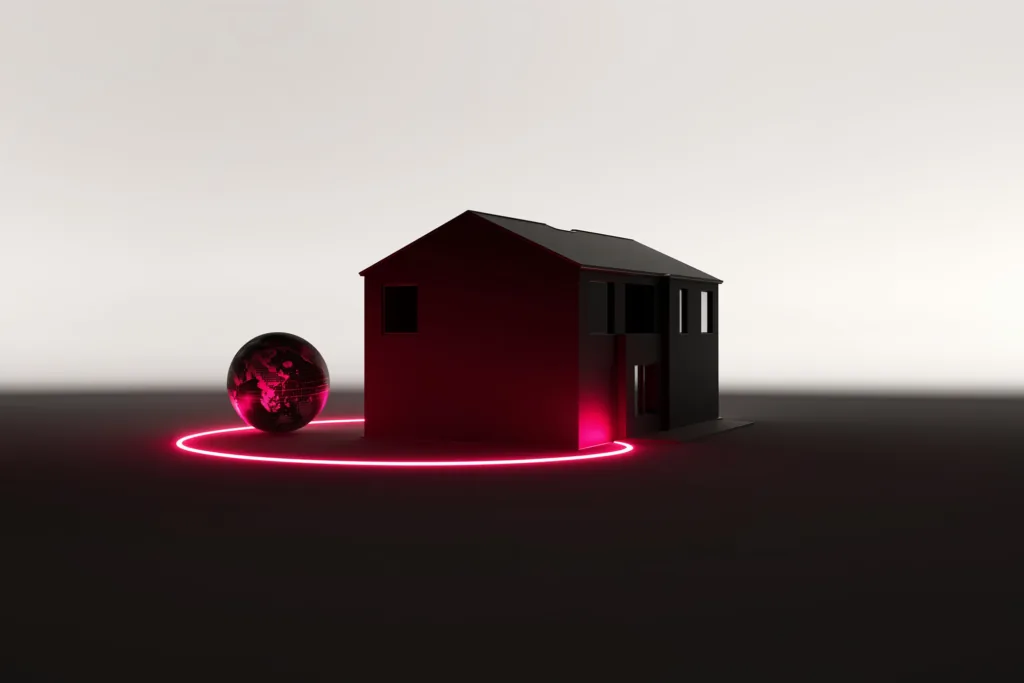A model house and a glowing globe joined by a coral arc of light.