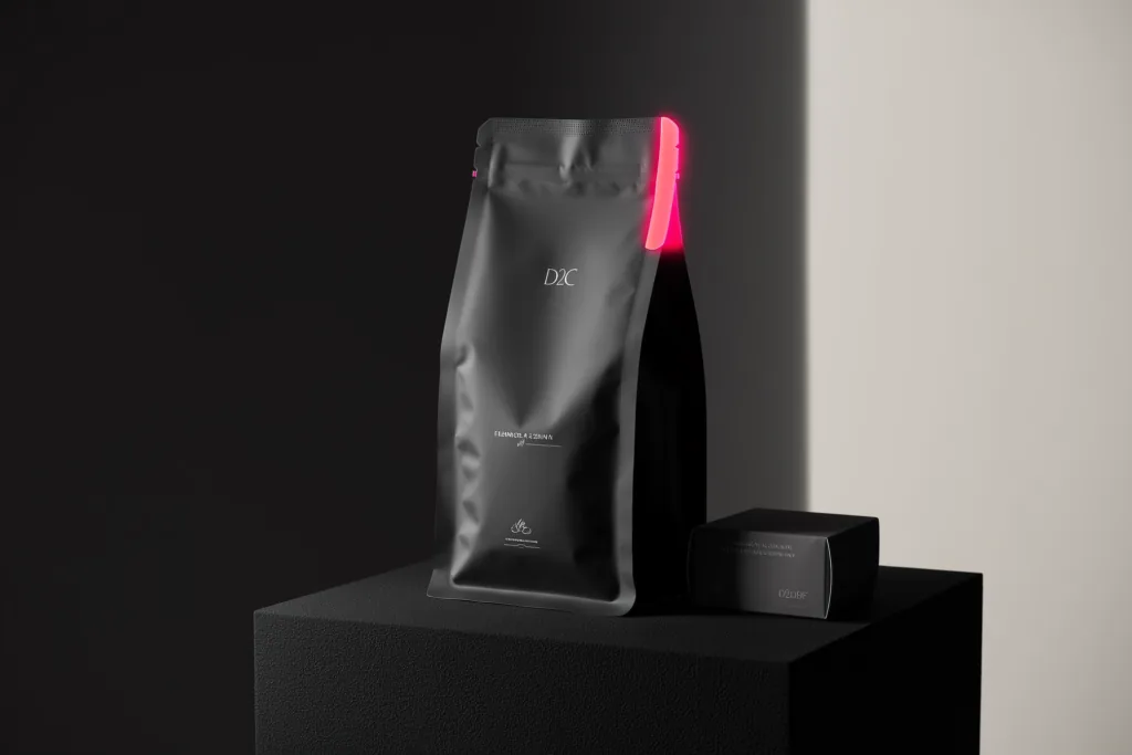 Minimalist D2C coffee packaging on a dark surface with a coral rim light.