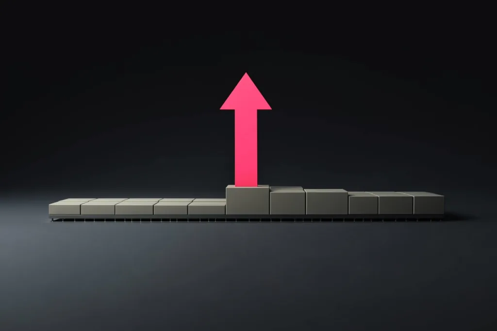 A coral arrow rising over muted bars on a dark surface.