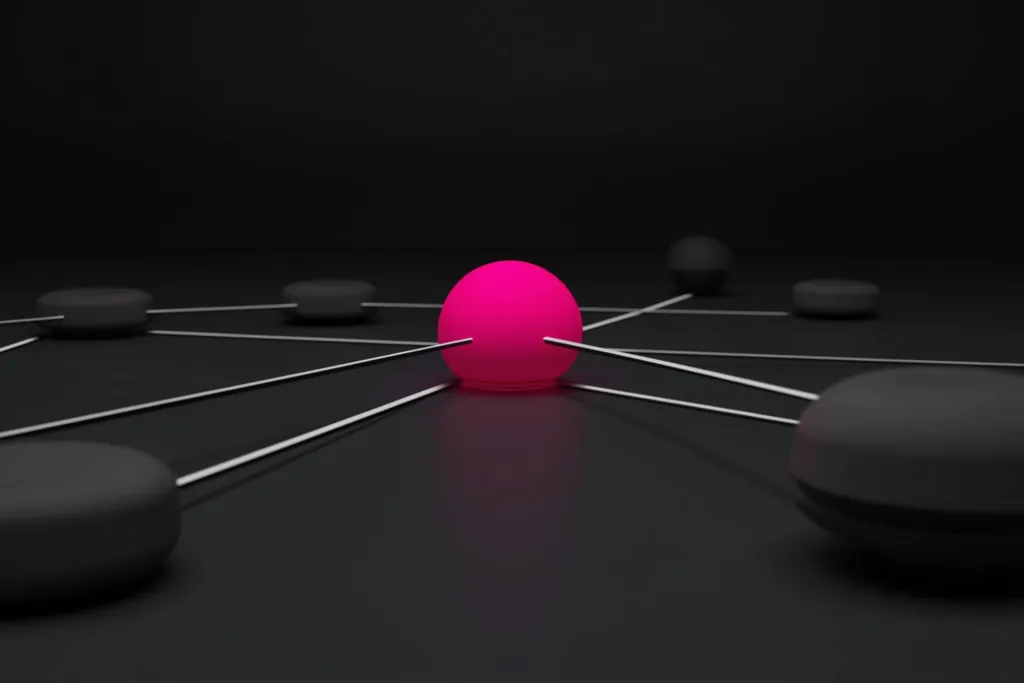 A coral central node linked to muted nodes on a dark surface.