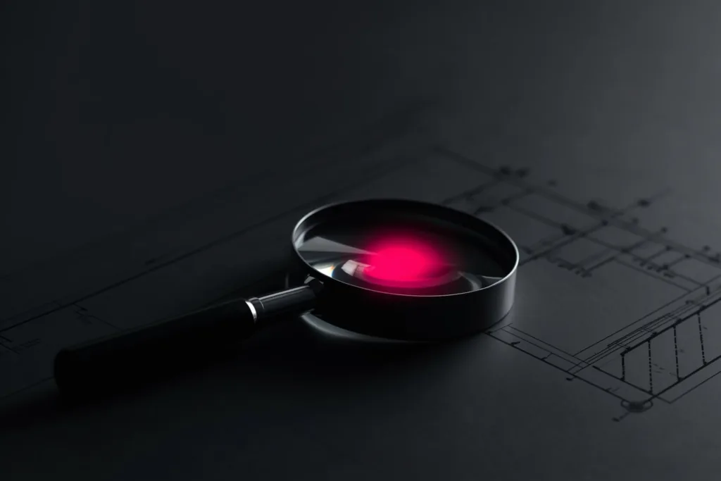 A magnifying glass over blueprint lines with a coral focal glow on a dark surface.