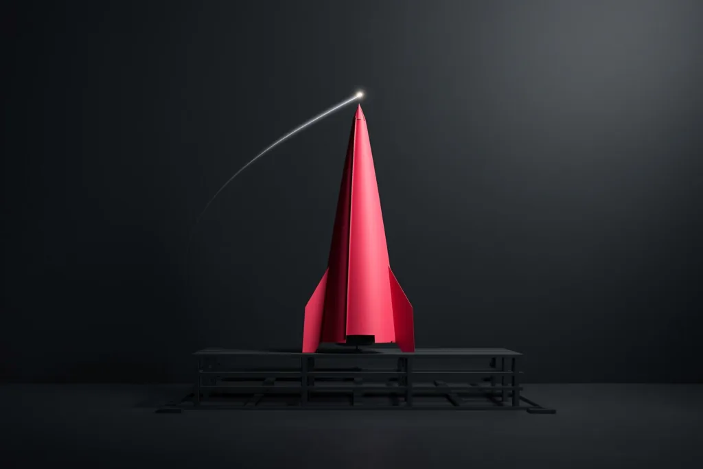 A coral upward dart of light launching from a dark grid.