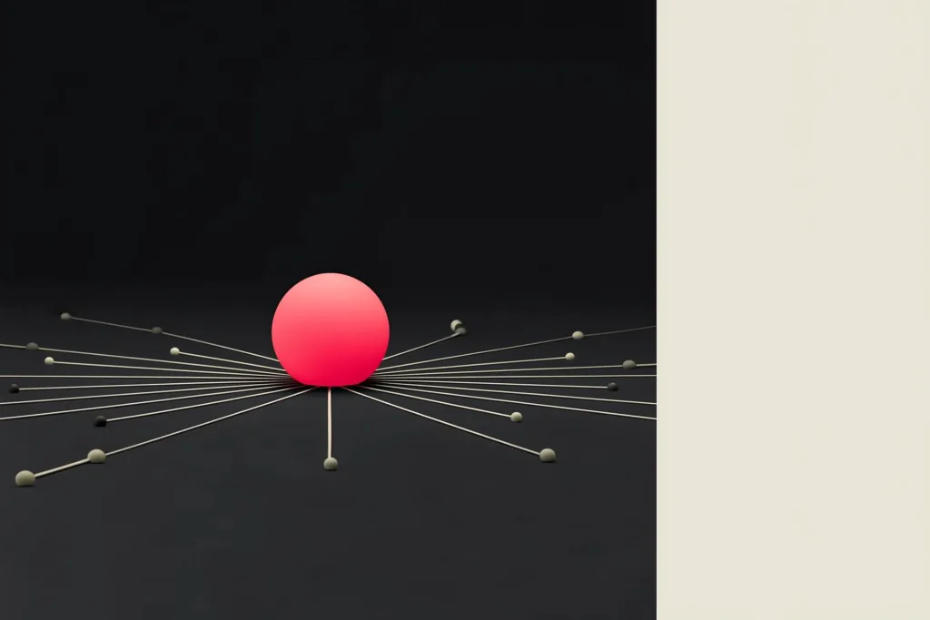 A coral sphere radiating spokes of light to points all around on a dark surface.