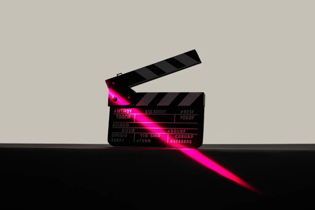 A clapperboard and studio light glowing coral on a dark surface.